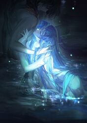 2boys ao_bing blue_hair gay long_hair ne_zha(2019) ne_zha_(films) ne_zha_2(2025) nezha tongue_out water water_drop wet_hair y_inzi yaoi