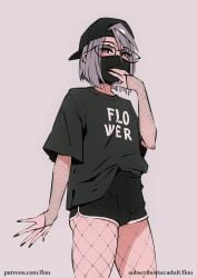 1boy clothing face_mask femboy fishnets flou flou_(character) glasses looking_at_viewer male male_only original shirt shorts solo text_on_clothing thick_thighs wide_hips