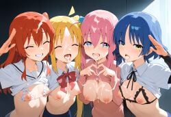 4girls ai_generated blonde_hair blue_eyes blue_hair blush bocchi_the_rock! breasts closed_eyes cum cum_on_face cum_on_hair cum_on_tongue gotou_hitori grin heart-shaped_pupils heart_hands ijichi_nijika kita_ikuyo looking_at_viewer mole_under_eye nipples pink_hair red_hair shirt smile sweatdrop tongue_out yamada_ryou yellow_eyes