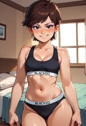 1girls ai_generated bedroom blacked blacked_clothing blush brown_hair civitai cleavage earrings eyeshadow freckles grin indoors looking_at_viewer luna_loud nickelodeon panties short_hair small_breasts solo sports_bra the_loud_house