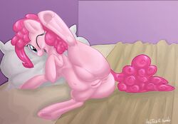 2013 bed blue_eyes equine female feral friendship_is_magic hair hellticket horse my_little_pony one_eye_closed pillow pink_fur pink_hair pinkie_pie_(mlp) pony pussy solo spread_legs spreading wink