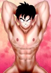 1boy 2020s 2022 abs armpit_hair armpits arms_behind_head bara clenched_teeth dragon_ball gay hi_res large_filesize male male_only muscular naked nipples no_visible_genitalia pink_background sanshou simple_background solo son_gohan tagme watercolor_background