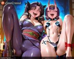 2girls ai_generated asmutcriminal bangs bare_shoulders barefoot blush breasts cameltoe earrings eyeliner facial_mark fangs fate_(series) feet horns ishtar_(fate) japanese_clothes jewelry kimono leg_up legs long_hair long_legs looking_at_viewer makeup multiple_girls navel oni oni_horns open_mouth parted_bangs purple_bodysuit purple_eyes purple_hair purple_kimono revealing_clothes ribbon saliva sharp_teeth short_hair shuten_douji_(fate) skin-covered_horns small_breasts smile spread_legs sweat tagme tattoo thighs toeless_legwear toes tongue tongue_out tree twintails two_side_up very_long_hair