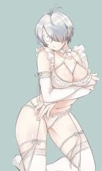 ahoge arms_crossed_under_breasts big_breasts bridal_gauntlets bridal_lingerie cleavage crossed_arms female female_only frills garter_straps gegege_no_kitarou genderswap_(mtf) hair_over_one_eye kitarou_tanjou_gegege_no_nazo kneeling lace-trimmed_thighhighs lingerie medama_oyaji_(human) pale-skinned_female pale_skin panties rule_63 short_hair solo stockings thick_thighs thighhighs very_short_hair wedding_lingerie white_hair white_panties