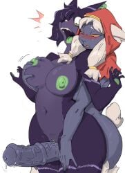 anthro areola biped blush bovid breasts caprine duo female genitals hair hi_res male male/female mammal nipples nude open_mouth penis pupils sex simple_background thick_thighs thigh_sex three-quarter_view vulva yoelrabbit