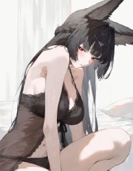 ai_generated bellmod3 black_hair blush hoshimi_miyabi kitsune looking_at_viewer nightgown on_bed red_eyes tagme
