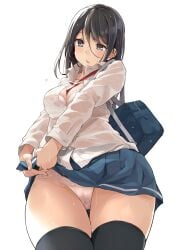 1girls bad_id bad_pixiv_id blue_eyes blue_skirt blush bow bra breasts cleavage clothes_lift collared_shirt dress_shirt grey_hair highres kekemotsu long_hair long_sleeves looking_at_viewer lying medium_breasts on_back original panties red_bow shirt skirt skirt_lift smile solo thighs underwear white_panties white_shirt
