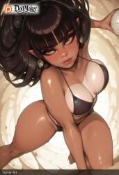 ai_generated artist_name ball bangs beach beachball bikini black_bikini black_hair blunt_bangs blush breasts brown_eyes cleavage dollmaker dollmaker_(artist) earrings elf female hoop_earrings jewelry large_breasts lips long_hair nose nose_blush patreon_username pointy_ears sand skindentation solo split swimsuit tagme thighs volleyball watermark web_address wet