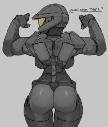 breasts_visible_from_back bubble_butt dialogue fit_female flexing from_behind halo halo_(game) halo_(series) spl4ts text