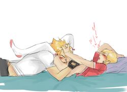 2boys artist_request blonde_hair blush bottomless closed_eyes clothing dave_strider dirk_strider fellatio fingerless_gloves gay hair_grab homestuck incest male ms_paint_adventures on_back open_mouth oral short_hair stockings thighhighs white_background white_skin