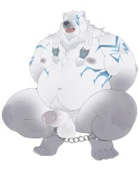 1boy animal_ears arms_behind_back bara barefoot bear bear_boy bear_ears belly biceps body_markings bound_ankles braid chinese_commentary commentary_request completely_nude cum erection facial_mark fat furry furry_male highres league_of_legends male_focus navel nipples nude open_mouth pectorals penis plump polar_bear squatting tengzai05 testicles volibear white_background white_fur