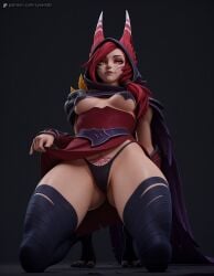 1girls 3d ai_generated animal_ears armor ass_visible_through_thighs bandages black_background black_panties breasts breasts_apart cameltoe clothes_lift feathers female hi_res highleg_panties highres hood kneeling league_of_legends lifted_by_self long_hair looking_at_viewer lyxen3d medium_breasts panties pubic_tattoo red_hair shoulder_armor smile solo tattoo thighhighs underboob underwear xayah yellow_eyes