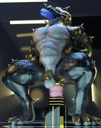3d_(artwork) abs absurd_res anthro arzolath arzolath_(artist) balls black_sclera bodily_fluids bondage chastity_cage chastity_device crouching digital_media_(artwork) dildo dildo_sitting disembodied_penis dragon flaccid front_view genitals hands_behind_back hi_res male mythological_creature mythological_scalie mythology nude open_mouth oral oral_penetration penetration penis quads scalie sex_toy shaking signature solo sweat yellow_eyes