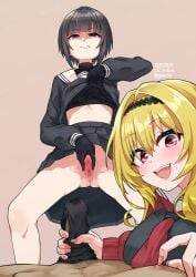1boy 2girls :d ass_visible_through_thighs black_bra black_eyes black_gloves black_hair black_hairband black_panties black_serafuku black_skirt blonde_hair blur_censor bra brown_background censored closed_mouth commentary_request dated gloves gojarun hairband handjob highres idolmaster idolmaster_cinderella_girls kurosaki_chitose looking_at_viewer medium_hair multiple_girls neckerchief open_mouth panties penis pink_eyes pov pussy red_neckerchief school_uniform serafuku shirayuki_chiyo short_hair simple_background skirt smile spread_pussy spreading_own_pussy teeth twintails underwear upper_teeth_only