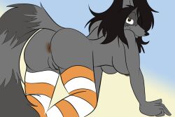 all_fours anthro anus ass black_hair breasts brown_eyes clothing female fluffy fluffy_tail footwear footwear_only fur genitals grey_body grey_fur hair looking_at_viewer looking_back looking_back_at_viewer mammal markings mostly_nude nipples nude procyonid raccoon ring_(marking) ringed_tail sailoranna smile socks socks_only solo striped_markings striped_tail stripes tail tail_markings tracy_(sailoranna) vulva