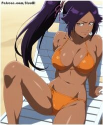 1girls ai_generated bikini bleach bluu_ai dark-skinned_female dark_skin orange_bikini shihouin_yoruichi solo swimsuit