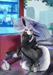 animal_ears black_legwear blush dya_rikku_(vtuber) female fox_ears fox_tail full_body high_heels holding_umbrella jacket long_hair looking_at_viewer outdoors pants pantyhose rain silver_hair sitting smile solo tail umbrella vyugen