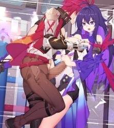 1boy 1boy1girl 1girls ahoge artist_request background black_shoes black_shorts blue_screen blue_screen_of_death breasts breasts_out brown_pants bsod censored censored_penis elbow_pads female gloves grabbing_breasts groping_breasts handjob highres honkai:_star_rail honkai_(series) hoyoverse luka_(honkai:_star_rail) male male/female medium_breasts microsoft_windows mihoyo motion_lines pants penis purple_eyes purple_hair red_hair seele_(honkai:_star_rail) shorts shoulder_pads straight tagme white_gloves