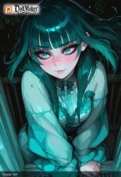 ai_generated aqua_eyes aqua_hair artist_name bangs blunt_bangs blush bow choker deviantart_username dollmaker dollmaker_(artist) female green_hair long_hair long_sleeves looking_at_viewer patreon_username smile solo tagme twitter_username watermark web_address