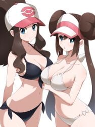 2girls :o absurdres arm_under_breasts bare_shoulders baseball_cap bikini black_bikini blue_eyes blush breasts brown_hair closed_mouth donut_hair_bun double_bun female hair_bun hat high_ponytail highres hilda_(pokemon) large_breasts long_hair looking_at_viewer medium_breasts multiple_girls navel nintendo open_mouth poke_ball poke_ball_(basic) poke_ball_print pokemon pokemon_bw pokemon_bw2 ponytail rosa_(pokemon) shabana_may sidelocks simple_background smile stomach strap_gap swimsuit twintails visor_cap white_background white_bikini