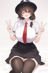 alternate_breast_size black_hat black_skirt black_thighhighs bow breasts brown_eyes brown_hair double_v female hat hat_ribbon huge_breasts large_breasts looking_at_viewer moriforest1040 necktie one_eye_closed red_necktie renko_usami shirt short_hair simple_background sitting skindentation skirt smile solo thick_thighs thighhighs thighs touhou v white_bow white_shirt