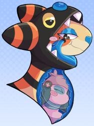 ampharos andromorph anthro berri_(cheriappo) bodily_fluids cheriappo duo farigiraf feral fusion generation_2_pokemon generation_9_pokemon hi_res internal intersex kiwi_(spicykiwi) male nintendo open_mouth pokemon pokemon_(species) pokemon_fusion saliva saliva_string smeargle swallowing vore