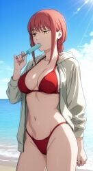 1girls ai_generated bikini chainsaw_man makima_(chainsaw_man) popsicle popsicle_in_mouth red_bikini solo swimsuit