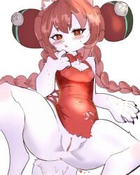 asian_clothing blush breasts chinese_clothing chinese_dress clothing dress east_asian_clothing female genitals glistening glistening_breasts glistening_thighs lagomorph leporid mammal mihoyo pattern_clothing rabbit red_clothing solo submissive tailjira thick_thighs wide_hips zenless_zone_zero