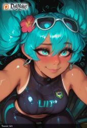 ai_generated aqua_eyes aqua_hair artist_name blush breasts dollmaker dollmaker_(artist) earrings eyewear_on_head female flower goggles goggles_on_head hair_ornament hatsune_miku jewelry lips long_hair looking_at_viewer patreon_logo patreon_username selfie solo sunglasses tagme twintails watermark web_address