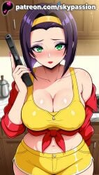 1girls 2025 ai_assisted ai_generated anime artist_name bare_shoulders big_breasts big_breasts big_breasts big_chest blush breast breasts breasts breasts bust busty cellphone chest cleavage clothed_female collarbone cowboy_bebop faye_valentine female_focus female_only green_eyes gun hairband hi_res high_quality high_resolution highres holding_gun holding_weapon kitchen large_breasts lipstick long_fingernails makeup nail_polish navel off_shoulder patreon patreon_username phone pink_nails purple_hair purple_nails red_nails short_hair short_shorts shorts skypassion solo stable_diffusion watermark yellow_hairband yellow_shirt yellow_shorts