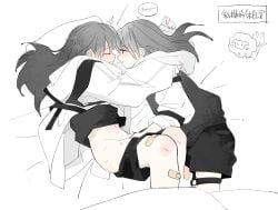 2girls aoki_hina bandaid bandaid_on_leg bang_dream! bang_dream!_it's_mygo!!!!! black_hair black_shorts blush chinese_commentary chinese_text closed_eyes commentary_request female fingering highres jacket jhon_trick kaname_raana long_hair long_sleeves lying multiple_girls navel open_mouth protected_link shorts sleeves_past_wrists takamatsu_tomori thigh_strap translation_request voice_actor voice_actor_connection white_jacket youmiya_hina yuri