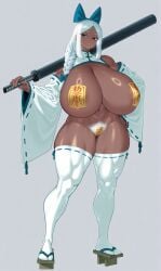 ai_generated ass breasts dark-skinned_female dark_skin female gigantic_ass gigantic_breasts huge_ass huge_breasts maebari miko ofuda ofuda_on_nipples ofuda_on_pussy pussy
