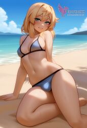 1boy 2d ai_generated ass bangs barefeet big_ass bikini blonde_hair bulge erection erection_under_clothes erophoenix feet full_body green_eyes looking_at_viewer looking_back male male_focus navel nude otoko_no_ko pale_skinned_male patreon_username penis sitting smile soles solo solo_male sweat swimsuit thick thick_thighs toes uncensored