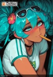 ai_generated aqua_eyes aqua_hair artist_name blush breasts dollmaker dollmaker_(artist) eyewear_on_head female flower food food_in_mouth goggles goggles_on_head hair_flower hair_ornament hatsune_miku long_hair mouth_hold patreon_username solo sunglasses tagme twintails twitter_username watermark web_address
