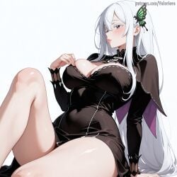 1girl ai_generated black_capelet black_dress blush breasts butterfly_hair_ornament capelet cleavage colored_eyelashes covered_navel dress echidna_(re:zero) hair_between_eyes hair_ornament knee_up large_breasts long_hair long_sleeves parted_lips patreon patreon_username purple_eyes re:zero_kara_hajimeru_isekai_seikatsu simple_background sitting solo thighs velurieve white_background white_hair