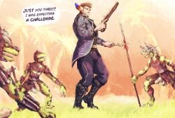 avian bird bluebird cocky_smile defeated eastern_bluebird english_text genitals gun hi_res humanoid imminent_rape imminent_sex jaeger_wunderkind lizard male male/male neptune_mereaux oscine overconfident passerine penis pillars_of_eternity ranged_weapon reptile scalie size_difference small_dom_big_sub text thrush_(bird) wand weapon xaurip