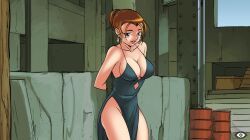arms_behind_back bare_shoulders black_dress blue_eyes breasts brown_hair cg cleavage curvy dress earrings female hentai_heroes jewelry kinkoid large_breasts lipstick looking_at_viewer makeup mature_female miss_spook_(hentai_heroes) no_bra no_panties official_art orange_hair parody ponytail red_lips short_hair side_slit smile solo standing thighs