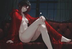 1girls ai_generated breasts crossed_legs female kizirugai nude petite red_cape ruby_rose rwby small_breasts