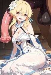 1boy 1girls ai_generated anilingus balls belliora big_penis censored dark-skinned_male eating_ass female genshin_impact handjob indoor licking lumine_(genshin_impact) male netorare ntr on_bed open_mouth penis pubic_hair rimming saliva testicles tongue tongue_out