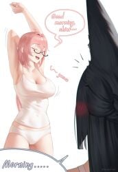 2girls blush bouncing_breasts english_text glasses hoshimi_miyabi kitsune stretching tagme tagme_(artist) tsukishiro_yanagi waking_up zenless_zone_zero