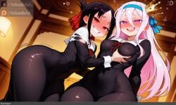 2girls :d ? ai_generated bangs black_dress black_hair blurry_background blush breast_grab breasts covered_navel covered_nipples crown dress eyebrows_visible_through_hair folded_ponytail fujiwara_chika gloves grabbing grabbing_own_breast grin groping hair_between_eyes hair_ribbon heart heart-shaped_pupils kaguya-sama_love_is_war large_breasts long_hair long_sleeves looking_at_viewer motion_lines multiple_girls neck_ribbon no_game_no_life nose_blush open_mouth parted_bangs pink_eyes pink_hair purple_eyes red_eyes red_ribbon ribbon round_teeth school_uniform shinomiya_kaguya shiro_(no_game_no_life) shuuchiin_academy_uniform smile symbol-shaped_pupils tagme teeth torn_clothes torn_dress torn_legwear trembling upper_teeth velianthart very_long_hair white_hair yuri