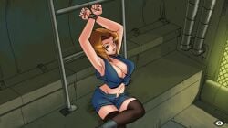 armpits arms_up blue_eyes blue_shorts bondage bondage boots bound bound_wrists breasts brown_hair cg cleavage crop_top denim female hentai_heroes kinkoid large_breasts lipstick makeup midriff miss_spook_(hentai_heroes) navel no_bra official_art open_clothes open_mouth open_shirt parody pipes shirt short_hair shorts sitting solo thighhighs