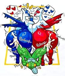 1boy 2girls anthro anthro_female anthro_male anthro_on_anthro anthro_only anthro_penetrating anthrofied cumshot diphallism female heart heart_symbol hyper_penis latias latios male mr.ctm mudkip pokemon pokemon_(species) small_but_hung straight