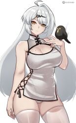 absurdres alternate_costume arm_at_side bird breasts cameltoe china_dress chinese_clothes closed_mouth clothing_cutout commentary cowboy_shot dress english_commentary female hand_up highres hioyami large_breasts long_hair looking_at_viewer mole mole_on_breast paid_reward_available panties pussy see-through_clothes see-through_panties simple_background solo thighhighs underwear white_background white_dress white_hair white_thighhighs yellow_eyes yi_xuan_(zenless_zone_zero) zenless_zone_zero