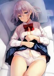1girls bad_id bad_pixiv_id blue_eyes blue_skirt blush bow bra breasts cleavage clothes_lift collared_shirt dress_shirt grey_hair highres kekemotsu long_hair long_sleeves looking_at_viewer lying medium_breasts on_back original panties red_bow shirt skirt skirt_lift smile solo thighs underwear white_panties white_shirt