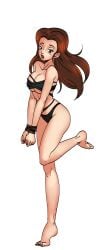 bare_shoulders barefoot bikini black_background black_bikini black_panties bondage bondage bound bound_wrists breasts brown_eyes brown_hair cg cleavage covering_breasts female full_body hentai_heroes kinkoid large_breasts lipstick long_hair looking_at_viewer makeup medium_breasts navel official_art open_mouth panties parody regine_(hentai_heroes) rope signature simple_background solo standing standing_on_one_leg strapless swimsuit transparent_background underboob underwear