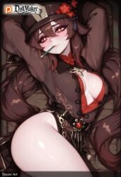 ai_generated artist_name blush breasts brown_hair cleavage dollmaker dollmaker_(artist) female flower hair_between_eyes hat hat_flower hu_tao_(genshin_impact) long_hair looking_at_viewer mouth_hold patreon_logo patreon_username red_eyes red_flower solo tagme thighs very_long_hair watermark web_address
