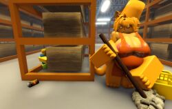 anthro big_female broom catte_(kaiju_paradise) chubby chubby_female furry human kaiju_paradise male ravenuwu roblox self_upload small_male soda_can terrified terrified_expression