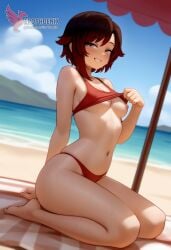 1girls 2d ai_generated ass back barefoot beach beachball big_ass big_breasts bikini black_bikini day erophoenix feet gradient_hair looking_at_viewer looking_back multicoloured_hair nipple_slip nipples outdoors pale_skinned_female patreon_username red_hair ruby_rose rwby short_hair sitting sky smile soles solo swimsuit two-tone_hair umbrella uncensored