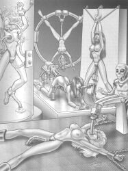 5girls alien alien_abduction ball_gag ball_gagged ballgagged breasts chained chains dildo experiment kidnapped laying_down machine metal_restraint milking_machine monochrome multiple_females nipples nude nude_female oral penetration probe restrained restraints rope sex_machine signature signature_artist_name steel_bondage steveoreno submerged test_tube tube_in_pussy tubes upside-down wrists_bound